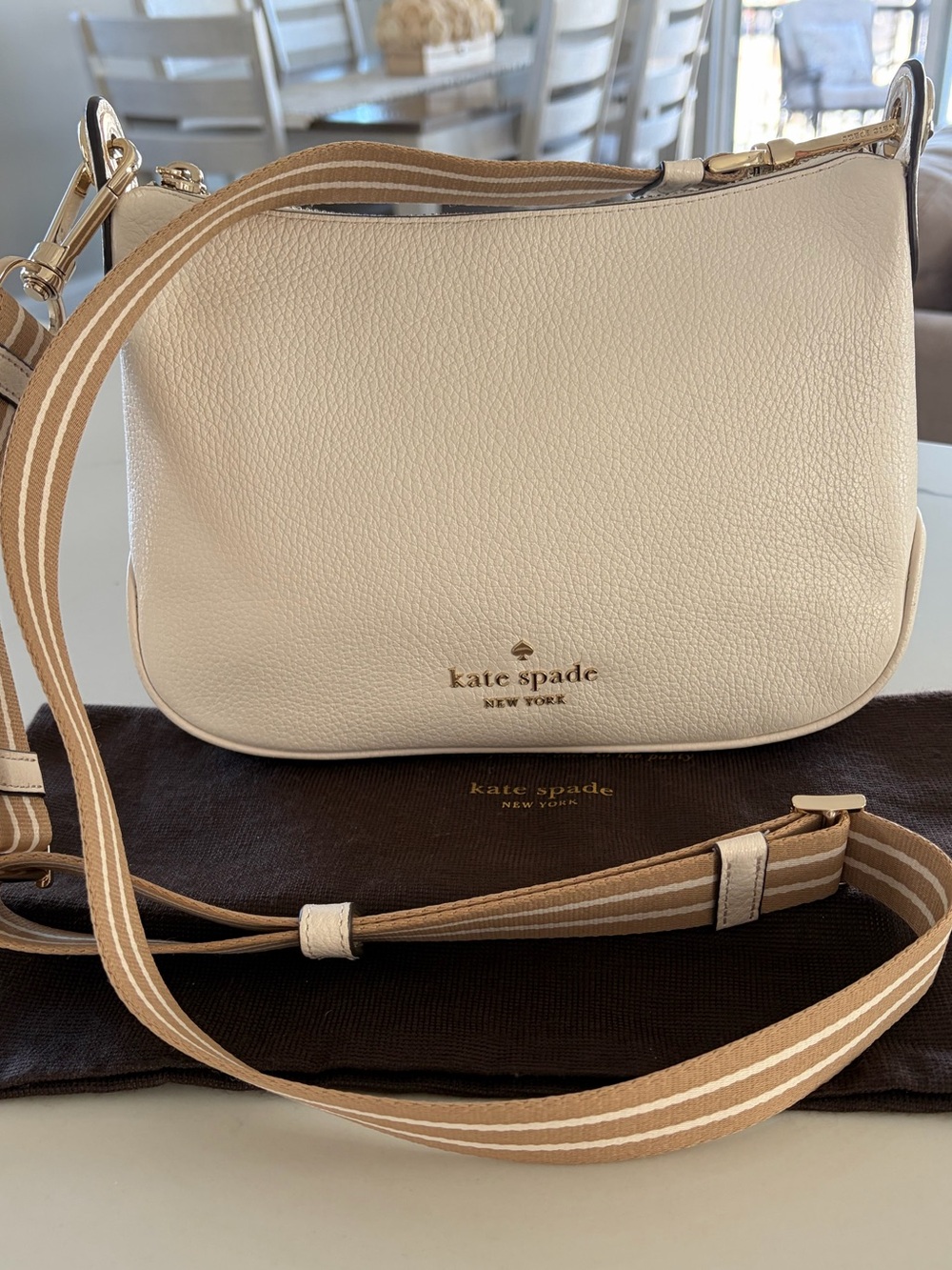Kate Spade Ivory White Pebbled Leather Crossbody with Tan Striped Strap Like New
